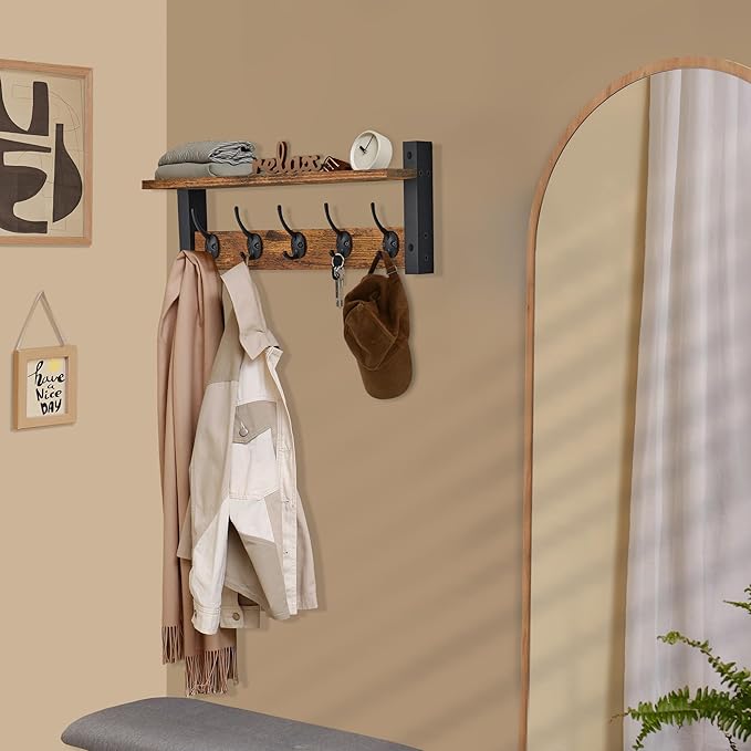 Sorbus Coat Hooks Wall Mount with Shelf – 24 Inch Coat Rack Wall Mount with 5 Heavy Duty Hooks – Floating Wall Shelf with Hooks for Entryway, Bathroom, Bedroom, Kitchen, or Mudroom (Rustic Brown)-Ruum Studio Home