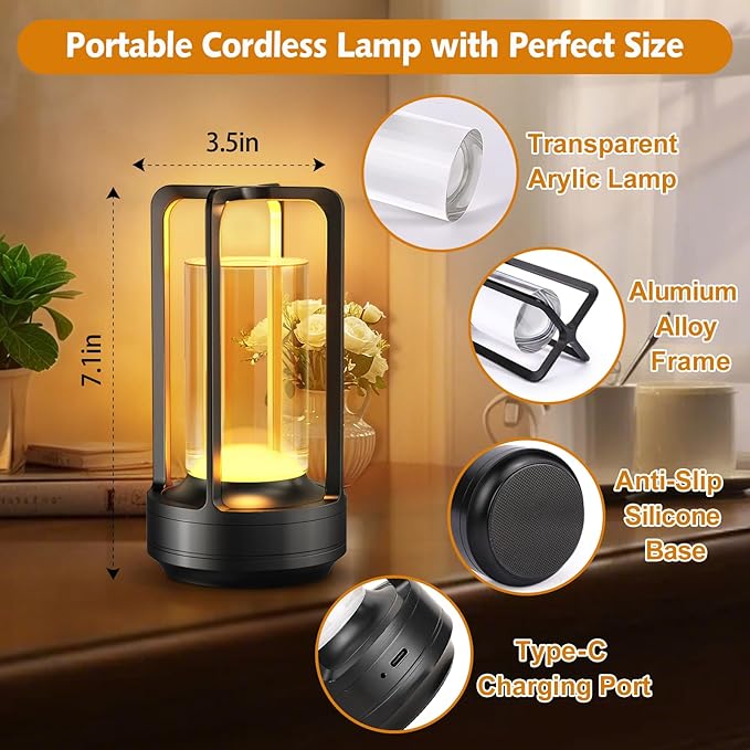 Portable Table Lamp for Outdoor Indoor: Cordless Rechargeable Desk Lamp with 3 Color Stepless Dimmable - Metal Battery Operated Small Lantern Light for Restaurant/Bedroom/Bar/Coffee Shop/Camping-Ruum Studio Home
