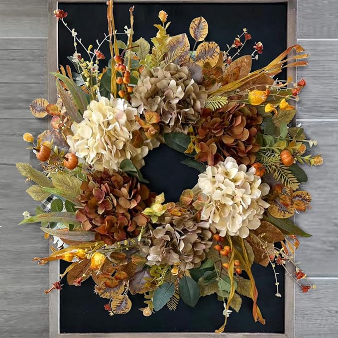 WANNA-CUL 24 Inch Fall Wreaths for Front Door with Hydrangea,Little Pumpkins-Fall Decorations for Home,Fall Door Wreath Decor for Autumn,Harvest, Halloween or Thanksgiving-Ruum Studio Home