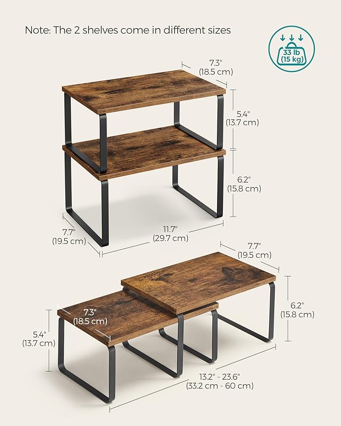 SONGMICS Cabinet Organizer Shelf, Set of 2 Kitchen Counter Shelves, Kitchen Storage, Spice Rack, Stackable, Expandable, Metal and Engineered Wood, Ink Black and Rustic Brown UKCS020X01-Ruum Studio Home