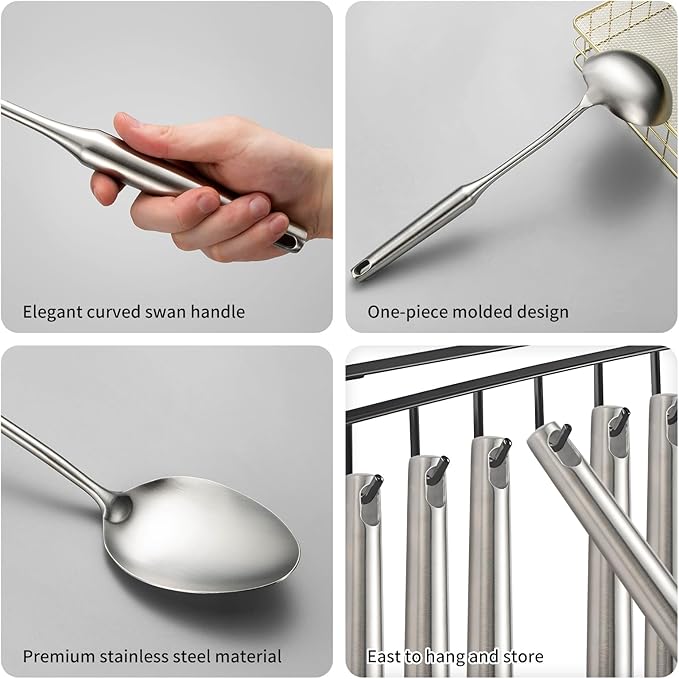 304 Stainlss Steel Kitchen Utensils Set, 11 Pcs Long Metal Cooking Utensil Gadgets Tools Set with Spatula, Ladle, Spoon, Ladle, Skimmer, Tunner, Pasta Server, Tongs(Silver, Dishwasher Safe)-Ruum Studio Home