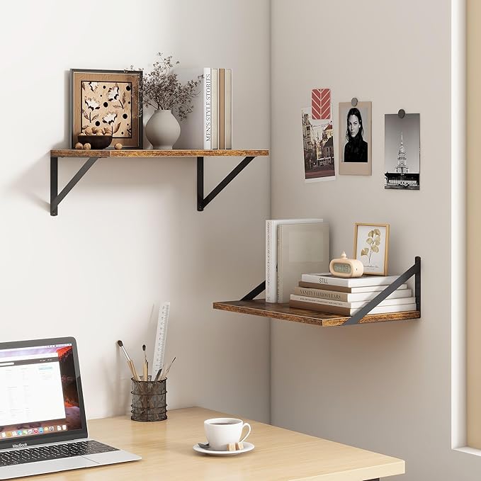 18"W x12"D Floating Shelves, Farmhouse Wall Shelves Home Decor Shelf, Deep Bathroom Shelf with Bracket, 12 Inch Deep Wall Shelves for Living Room, Kitchen, Bedroom, Rustic Brown, Set of 2-Ruum Studio Home