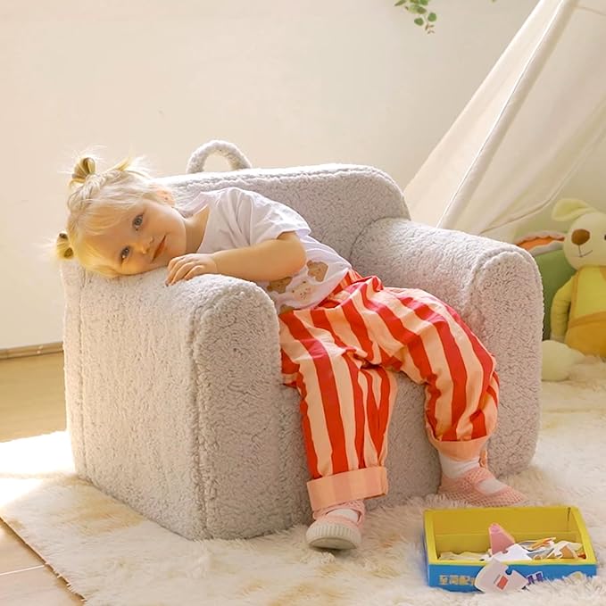 ALIMORDEN Kids Ultra-Soft Snuggle Foam Filled Chair, Toddler Cuddly Sherpa Reading Couch for Boys and Girls, Light Grey-Ruum Studio Home