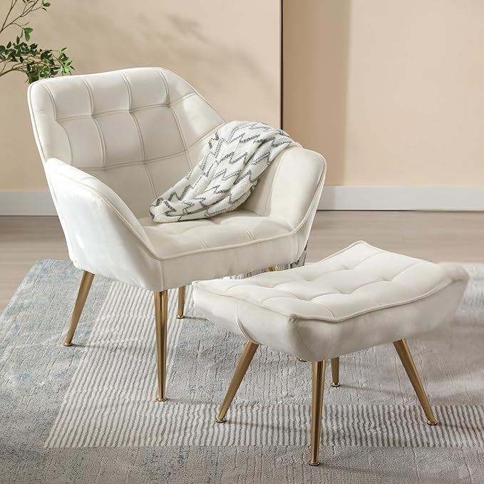 Beige Velvet Accent Chair with Ottoman ，Modern Reading Chair with Ottoman Set, Comfy Fuzzy Armchair Living Room Chair Lounge Chair with Metal Legs for Small Spaces Bedroom Apartment-Ruum Studio Home
