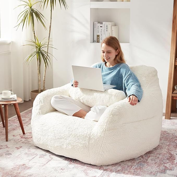 Bean Bag Chair for Adults with Pillow,Oversized Bean Bag Couch Chairs for Adults,Giant Lazy Couch Sofa Chairs with Filler,Large Reading Chair for Living Room Bedroom,White-Ruum Studio Home