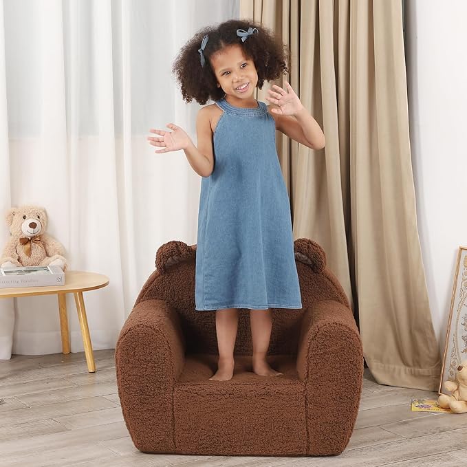 Comfy Toddler Chair, Cuddly Sherpa Teddy Bear Kids Sofa, High Back Kids Reading Chair for Boys and Girls, Brown-Ruum Studio Home