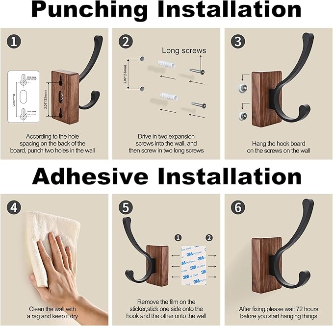 6 Pack Wooden Wall Hooks for Hanging, Adhesive Mounted & Wall Mount Nature Wood Coat Hooks for Towel Clothes Blanket Hat Backpack Robe Nursery Door Board Entryway Key Holder-Ruum Studio Home