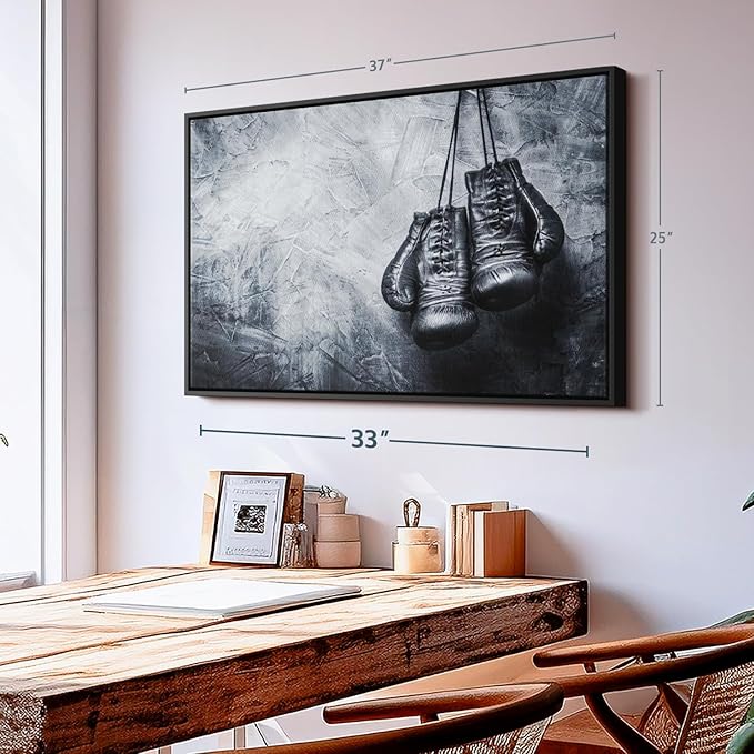 ElephantStock Boxing Gloves Wall Art - Horizontal Framed Canvas - 1-Piece Living Room Wall Decor - Photography Sports Canvas Print - Black and Gray Decor for Wall - 37" X 25"-Ruum Studio Home