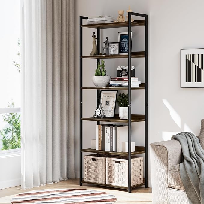 NUMENN Bookshelf, 6 Tier Bookshelves, Home Office Bookcase Shelf Storage Organizer, Free Standing Storage Shelving Unit for Bedroom, Living Room and Home Office, Dark Walnut-Ruum Studio Home