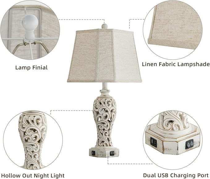 Set of 2 Rustic Table Lamps for Living Room Bedroom, Farmhouse Vintage Nightstand Lamp with 2 USB Ports, Hollow Out Resin Lamp for End Table with Nightlight, Bulbs Included (Wash White)-Ruum Studio Home