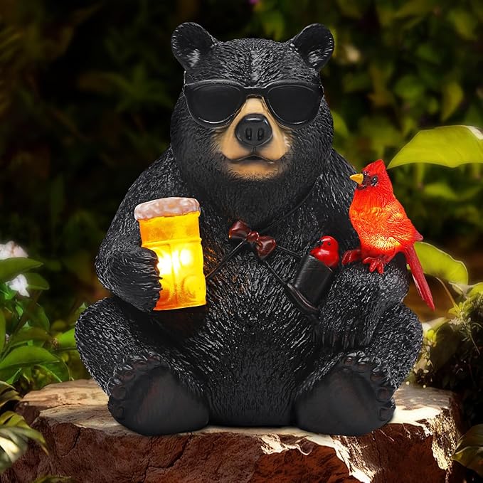 Solar Black Bear Statue for Garden with Beer and Cardinals 6.3" Resin Garden Statues for Outside Yard Paito Porch Decor Birthday Gardening Gifts for Women Mother Sister Grandmother Wife-Ruum Studio Home