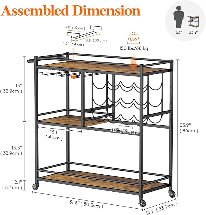 Lifewit Bar Cart for The Home, 3 Tier Drink Cart with Lockable Wheels, 12 Wine Rack and 3 Rows Glass Holders, Liquor Serving Cart for Kitchen Dining Livingroom, 31.6" x 13.1" x 33.9", Rustic Brown-Ruum Studio Home
