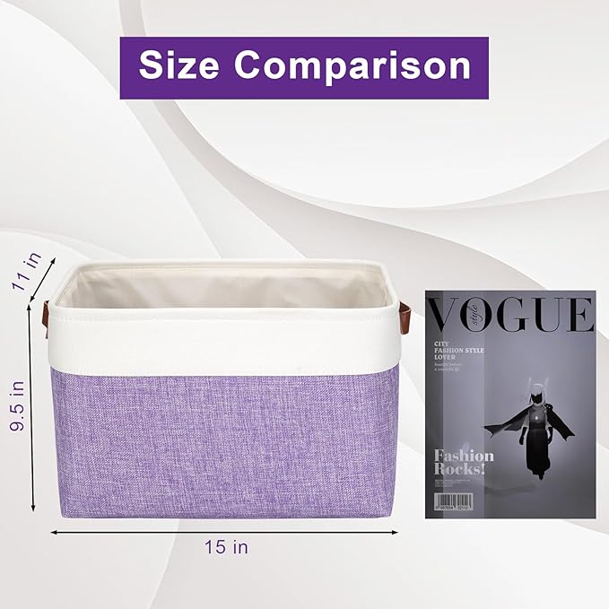 Storage Bins Large Fabric Storage Baskets for Shelves 3 Pack, Decorative Linen Closet Baskets with Handles for Organizing, Shelf, Clothes, Home, Office, 15x11x9.5Inches (Purple&White)-Ruum Studio Home
