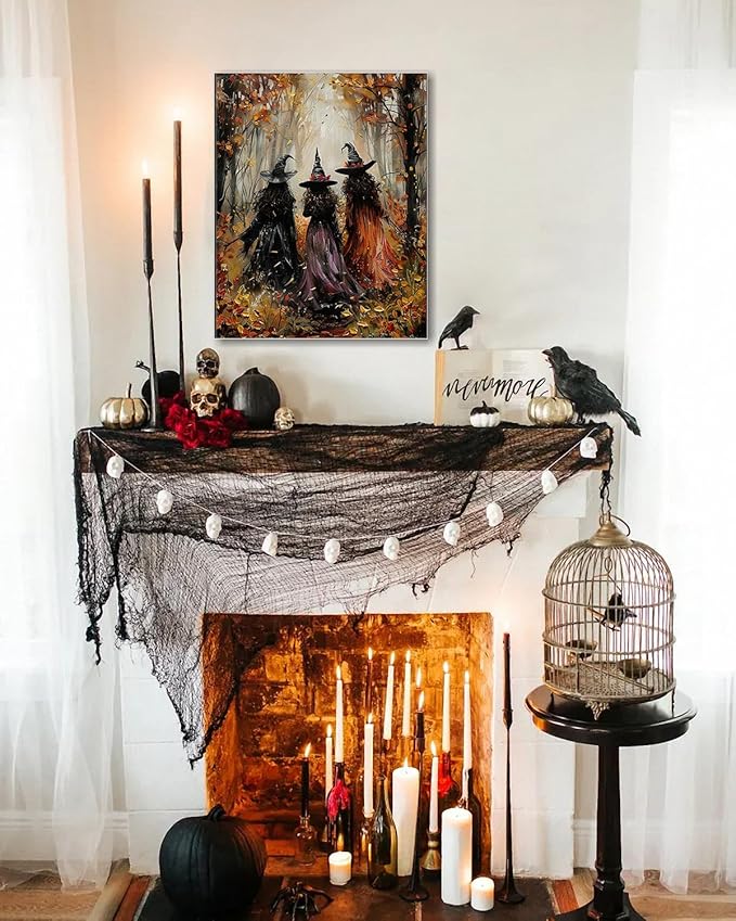 Halloween Canvas Wall Art, Vintage Three Witches Poster, Gothic Dark Academia Wall Decor, Spooky Halloween Decor for Living Room, Bedroom & Bathroom, Framed Fall Decorations Indoor-Ruum Studio Home