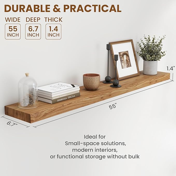 55" Floating Shelves for Wall, Rustic Elm Wood Floating Shelf for Home Decor, Wall-Mounted Display Shelves with Heavy-Duty Bracket, Long Floating Shelf for Bathroom, Kitchen, Natural Color-Ruum Studio Home