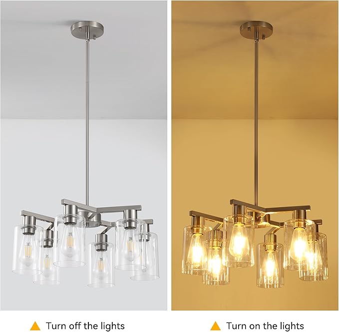 6-Light Modern Farmhouse Brushed Nickel Chandelier, Dining Room Light Fixture Over Table Adjustable Height Hanging Industrial Pendant Lights Kitchen Island, Clear Glass Shade-Ruum Studio Home