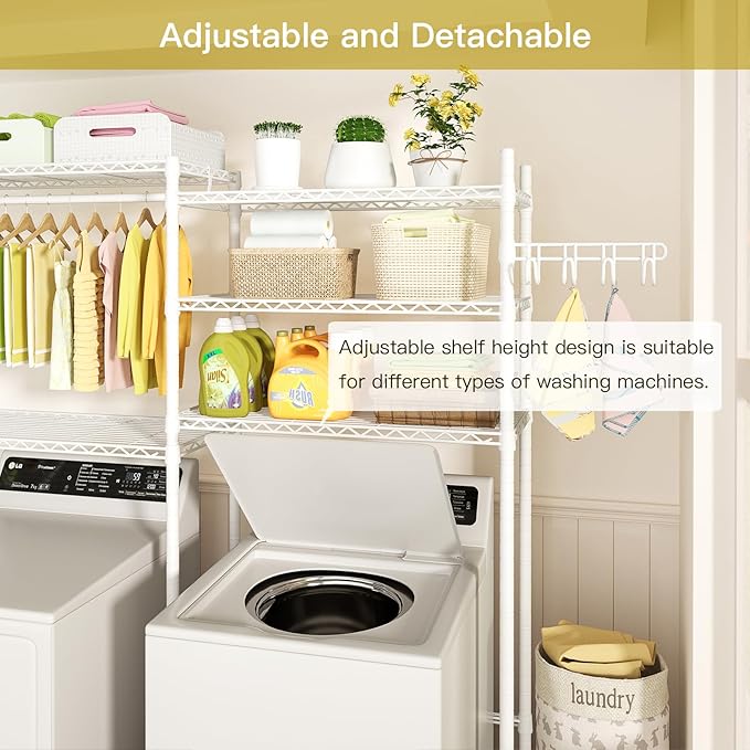 Ulif U5 Over the Washer and Dryer Storage Shelf, Laundry Room Space Saver Bathroom Storage and Organizer Rack for Hanging Towels and Drying Clothes with 5 Wire Shelves, 58.2"W x 13.4"D x 77.5"H, White-Ruum Studio Home