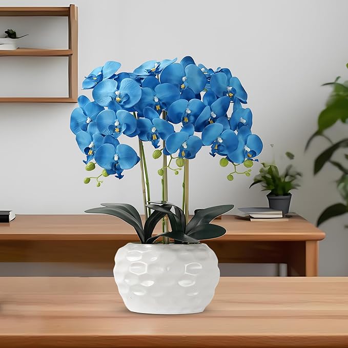 Orchid Artificial Flowers with White Vase Large Silk Faux Phalaenopsis Flowers for Dining Room Table Floral Centerpieces Indoor Decoration,Blue-Ruum Studio Home