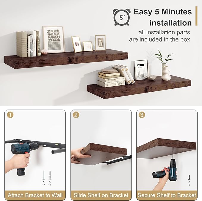 Heimlove Rustic Brown Bathroom Shelves Floating Shelves for Wall Shelf Over Toilet Long Wall Mounted Modern Farmhouse,48 x 12 Shelves with Invisible Brackets for Living Room, Kitchen, Bedroom-Ruum Studio Home