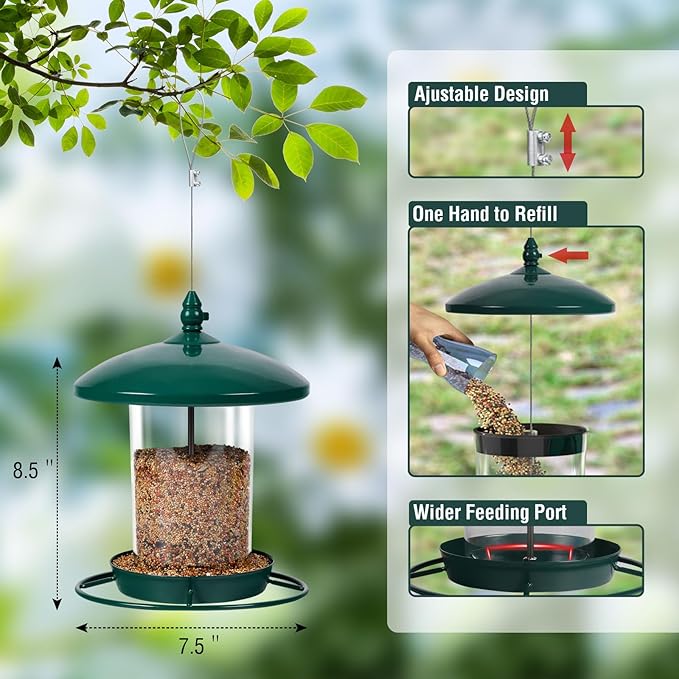 Metal Bird Feeder for Outdoors Hanging,3.0LB Seed Feeder,Easy to Fill & Clean,360° Feeding,Chew Proof Weatherproof Roof for Gardens and Wild Birds,Green-Ruum Studio Home