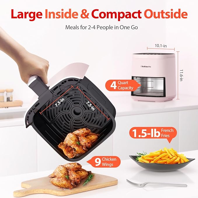 Air Fryer, Beelicious 8-in-1 Smart Compact 4QT Air Fryers, Shake Reminder,450°F Digital Airfryer with Flavor-Lock Tech, Tempered Glass Display, Dishwasher-Safe & Nonstick, Fit for 1-3 People, Pink-Ruum Studio Home