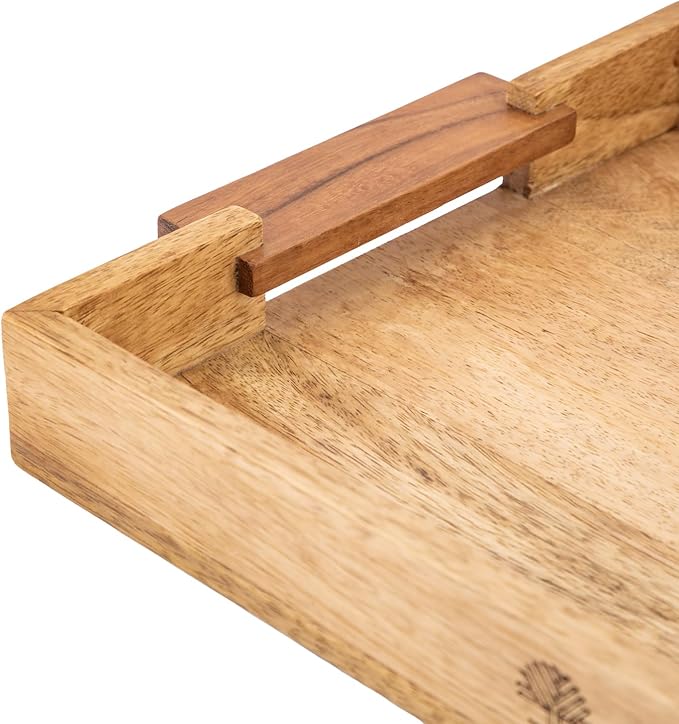 Mango Acacia Wood Serving Trays with Handles – Set of 2 Large Decorative Wooden Trays for Breakfast in Bed, Dinner, Snacks, Coffee Table, Ottoman, Couch & Patio Party – (16x10x1.75 & 8x12x1.75) Inches-Ruum Studio Home