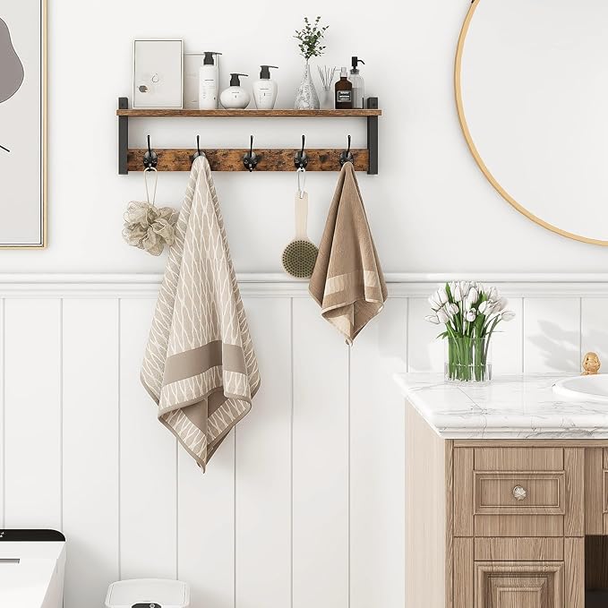 Homode Coat Rack with Wall Mount, 24 Inch Long Entryway Wall Shelf with Hooks, Wood Hanger with Storage Shelf for Bathroom, Hallway, Rustic Brown Black-Ruum Studio Home