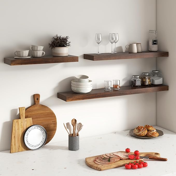Floating Shelves for Wall, USA-Sourced Walnut Wood 24 Inch Wall Shelves Set of 2, Natural Wooden Wall Mounted Picture Ledge Shelf, Nursery Book Storage Shelf Kids Bookshelf, Display Shelf for Bathroom-Ruum Studio Home