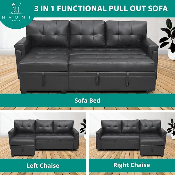 Naomi Home Modern Sectional Sofa with Storage Chaise Black/Air Leather-Ruum Studio Home