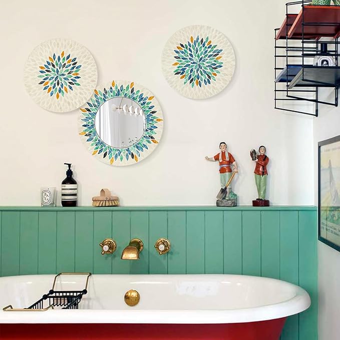 TEIPAI Jewel-Tone Mother of Pearl Mirror Wall Decor for Living Room, 3PCS Handmade Round Wall Art for Home Guest Room Decoration, Unique Mosaic Art Gift for Birthday Wedding Housewarming (Colored)-Ruum Studio Home