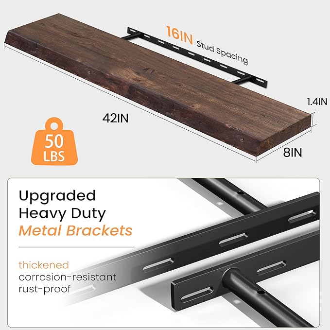 Fun Memories Solid Elm Wood Floating Shelves, 42 Inch Floating Shelves for Wall, Wall-Mounted Live Edge Wooden Shelves with Invisible Heavy-Duty Brackets for Books, Bathroom, Kitchen, Walunt Finish-Ruum Studio Home