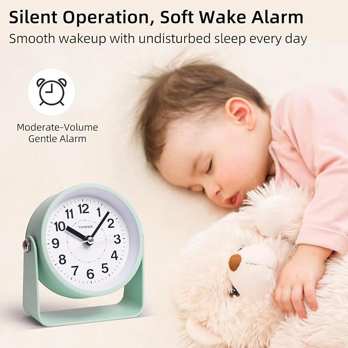 Analog Alarm Clock, Silent Non-Ticking Quartz Movement, Battery-Operated with Snooze & On-Demand Light, Easy to Set Gentle Wake Bedside Desk Clock, Ideal for Home, Travel, Office (Green)-Ruum Studio Home