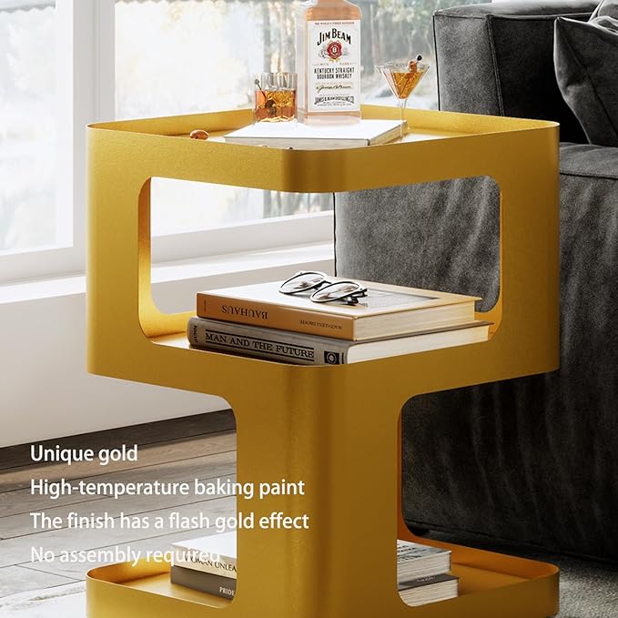 Gold Side Table,Modern end Table,Unique nightstand,Bedside Tables,Metal Accent Side Table with Storage for Living Room Bedroom Couch,no Assembly Required-Ruum Studio Home