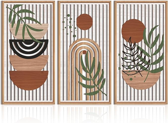 IARTTOP Large Boho Wood Wall Art Framed 16x32 Inch Mid century Modern Wooden Wall Decor Abstract Bohemian Minimalist Art Decor for Bedroom Living Room Office Set of 3-Ruum Studio Home