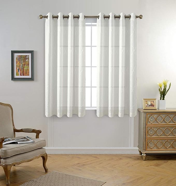 MIUCO Moroccan Embroidery Semi Sheer Curtains Faux Linen Grommet Window Curtains for Bedroom Living Room 63 Inch Length 2 Panels, Pure White-Ruum Studio Home