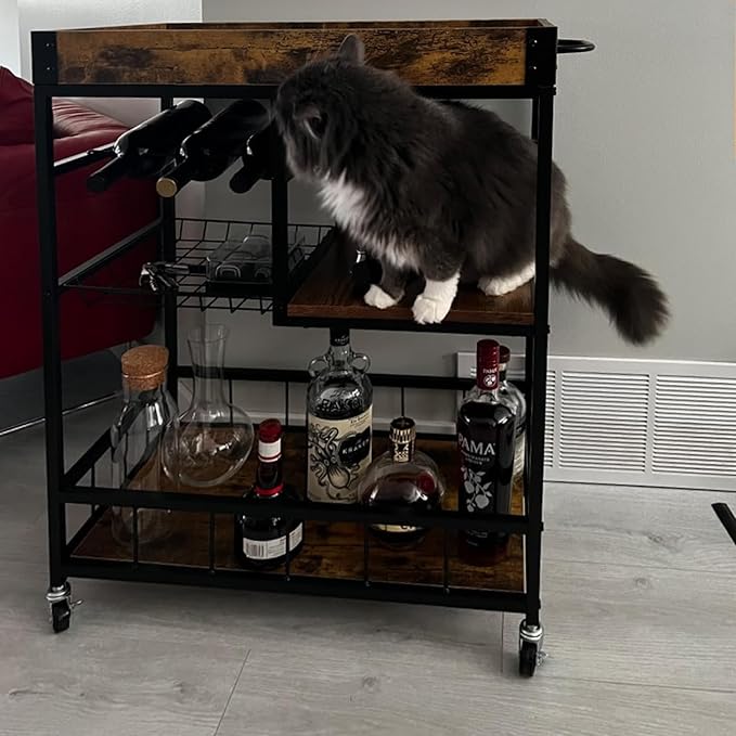 Bar Cart with Basket 3 Tiers Home Rolling Wine Rack with Wheels Mobile Kitchen Industrial Vintage Style Wood Metal Serving Trolley Serving Cart,Glass Holder Bar Cabinet-Ruum Studio Home