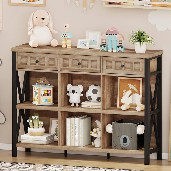 FATORRI Rustic 6 Cube Storage Organizer Shelf with 3 Drawers, Long Horizontal Bookshelf, Industrial Wood and Metal Cubby Bookcase for Living Room (Rustic Oak, 47 Inch)-Ruum Studio Home