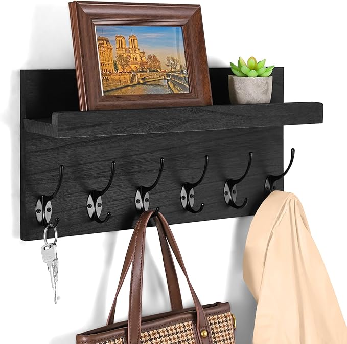 Shelf with Hooks, Coat Rack Wall Mount with 6 Double Metal Hooks, 17 Inch Farmhouse Wall Hooks with Shelf, for Entryway, Bathroom, Kitchen, Black-Ruum Studio Home