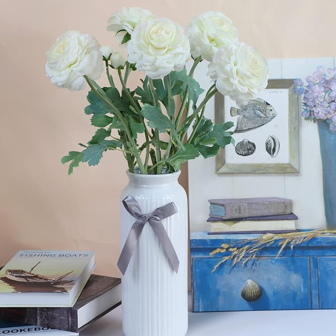 Artificial Ranunculus Long Stem Buttercup Silk Flowers 6pcs for Home Decor and Wedding Decorations(White 1)-Ruum Studio Home