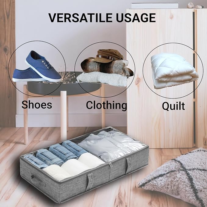 2 Packs Under Bed Storage Containers, Foldable Clothes Draw Organizers with Adjustable Dividers, Handles, Clear Window, Closet Storage Bins for Clothing, Shoes, Blankets-Ruum Studio Home