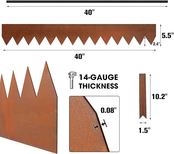 Worth Garden 6-Pack Cor-Ten Steel Landscape Edging with Black Protection Strips - Rust Patina Finish 40" L x 5.5" H (20Ft Total) - Hammer-in 14-Gauge Metal Corten Lawn Yard Edging Border w/ 7 Clips-Ruum Studio Home