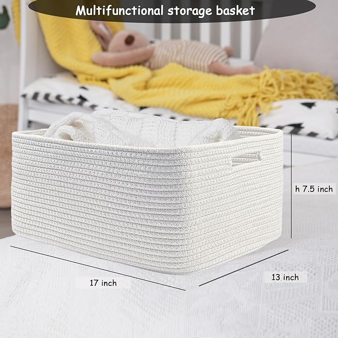 COMFY-HOMI Cotton Rope Woven Basket with Handles for Shelves,Toys,Book, Cloth Storage Baskets for Organizing-17" x 13" x 7.5" Toy Decorative Organizer for Living Room, Bathroom （All White）-Ruum Studio Home