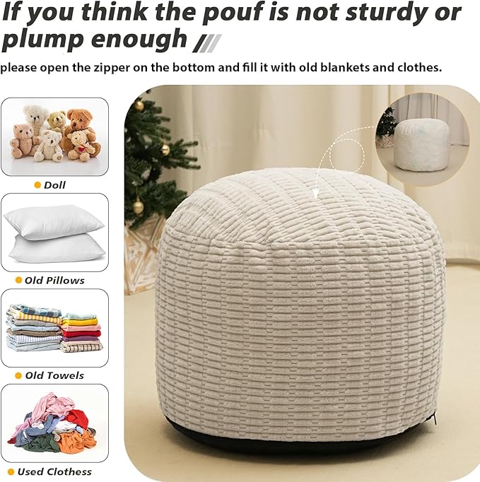 Round Stuffed Pouf Ottoman for Foot Rest, Storage Ottoman Pouf Foot Stool Cushion, Faux Fur Poufs with Foam Chunk Filling, 26 X 18 Inch Floor Chair for Living Room Bedroom Home Decor, Beige-Ruum Studio Home