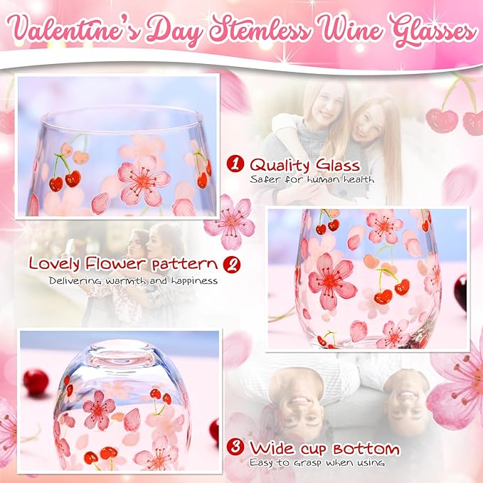 Sliner 2 Pack 17oz Cherry and Flower Stemless Wine Glasses Cherry Blossom Drinking Glasses Floral Tumbler Cups for Women Birthday Anniversary Gift Parties Supplies-Ruum Studio Home