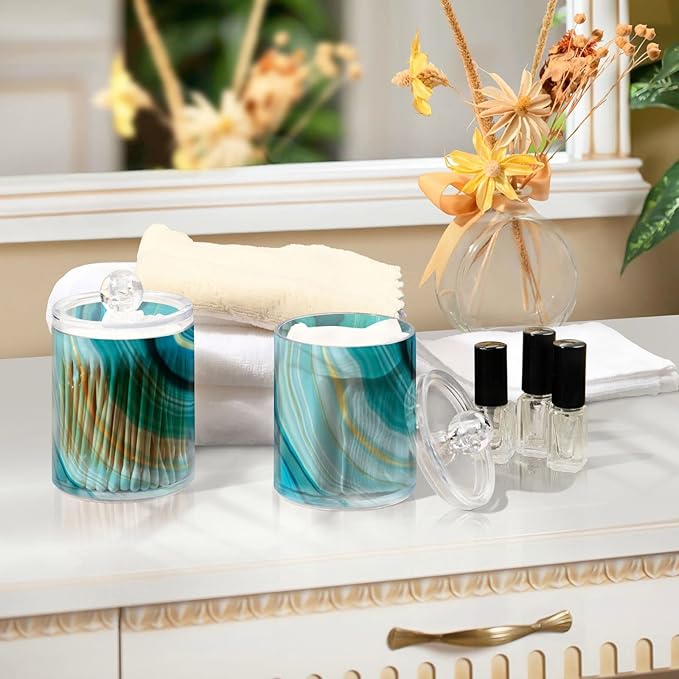 2 Pack Qtip Holder Dispenser Teal Turquoise Blue Marble Bathroom Storage Canister Lid Acrylic Plastic Apothecary Jar Set Vanity Makeup Organizer for Cotton Swab/Ball/Round Pads, Floss-Ruum Studio Home
