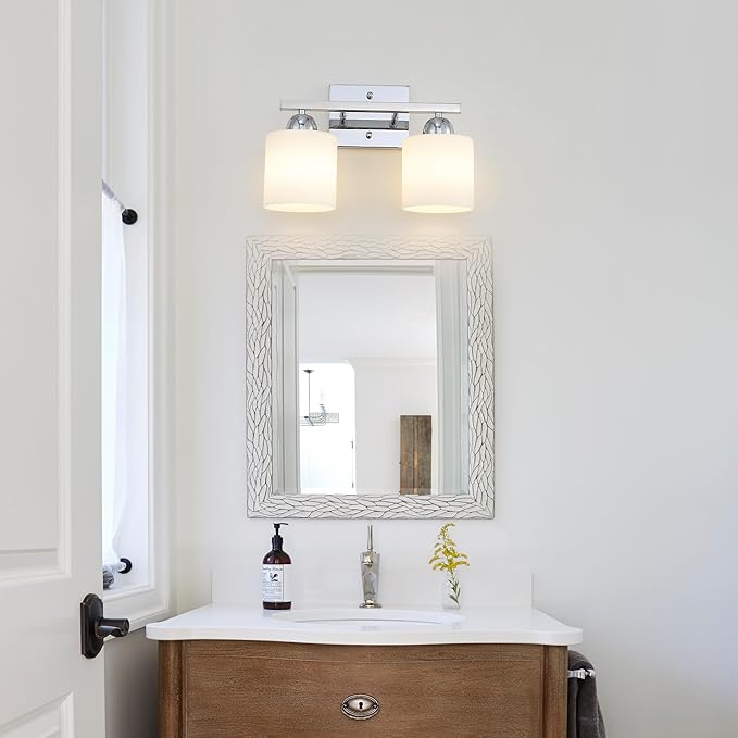 Stainless Steel Milk Glass Vanity Lights for Bathroom, 2 Light Chrome Bathroom Light Fixtures Over Mirror, Ceramic E26 Sockets Wall Mounted-Ruum Studio Home