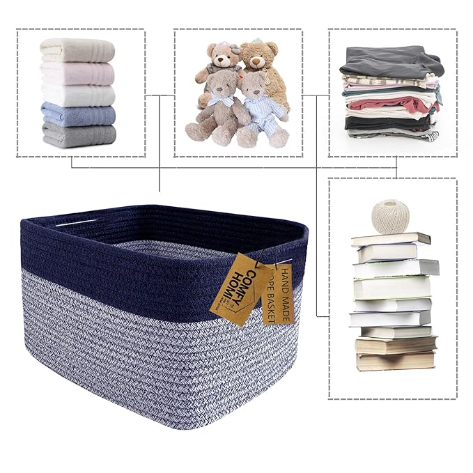 COMFY-HOMI 3PACK Rectangular Cotton Rope Basket With Handles for Shelves|Dog Toy|Baby Gift - Dark Blue (13.5" x 11" x 9.5")-Ruum Studio Home