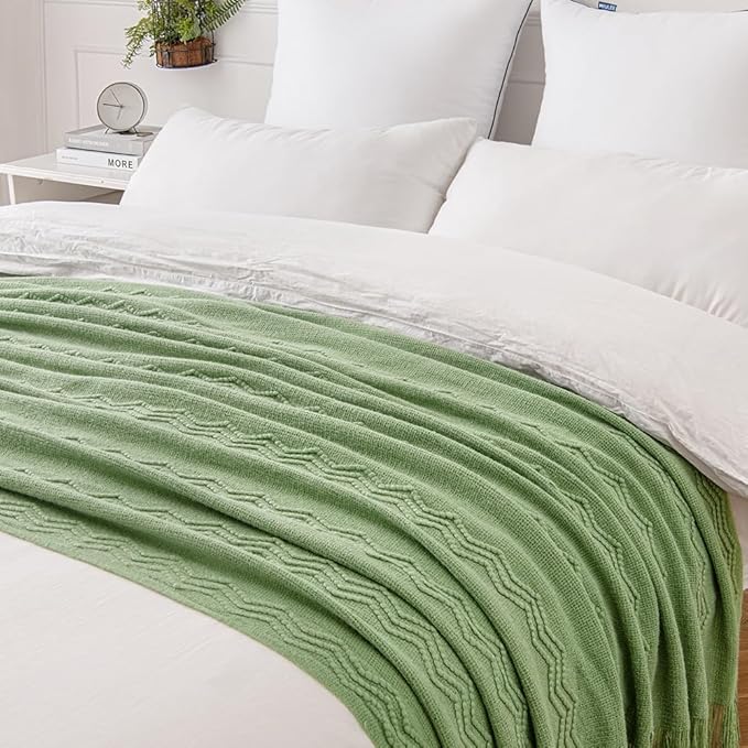 MIULEE Sage Green Knitted Throw Blanket for Couch Textured Spring Knit Blanket with Tassels Cozy Woven Boho Bed Blanket for Sofa Bed Chair Acrylic Wave Pattern 50"x60"-Ruum Studio Home