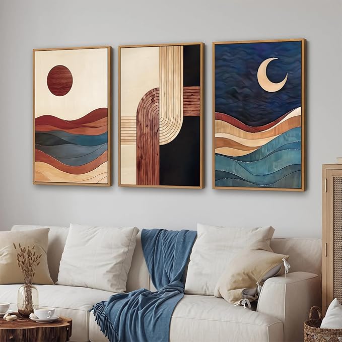 SIGNINART Boho Mid Century Modern Framed Canvas Wall Art, Bohemian Geometric Wall Decor, Abstract Sun and Moon Artwork,Beige and Black Wooden Art Paintings for Living Room Bedroom Office 16"x24"x3-Ruum Studio Home