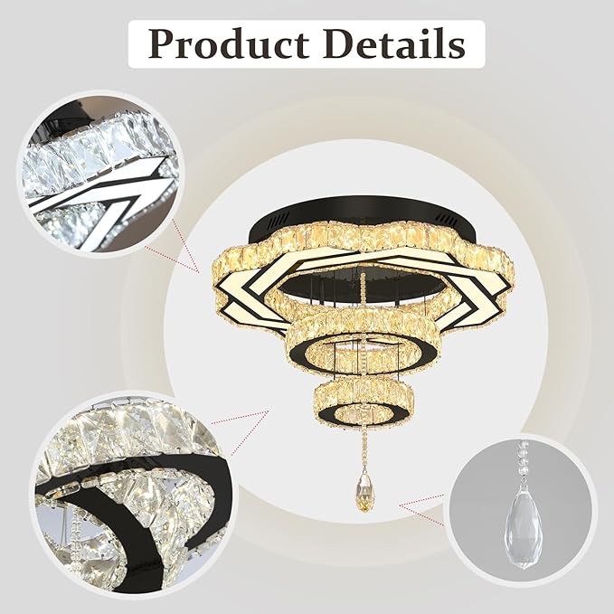 Flashing God Modern Crystal Chandeliers Dia 24" Black Chandelier Flush Mount Ceiling Light for Bedroom Living Room Dining Room Hallway Dimmable 3 Rings LED Celing Lighting Fixtures-Ruum Studio Home